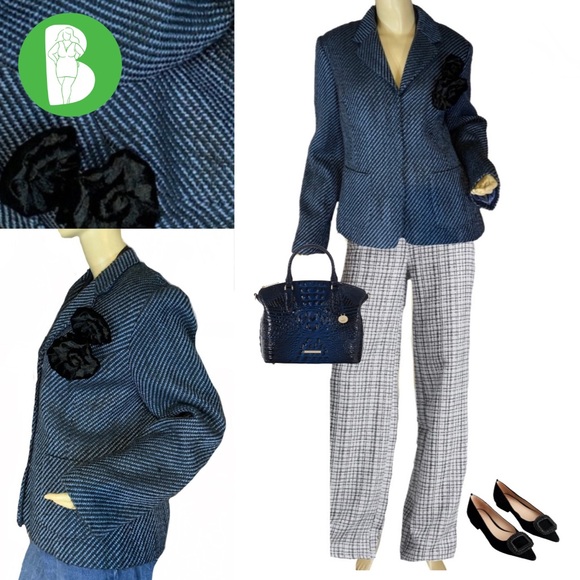 VINTAGE Y2K SAG HARBOR BLUE & BLACK HERRINGBONE BLAZER W/VELOUR FLORAL PINS (14) - Picture 1 of 12